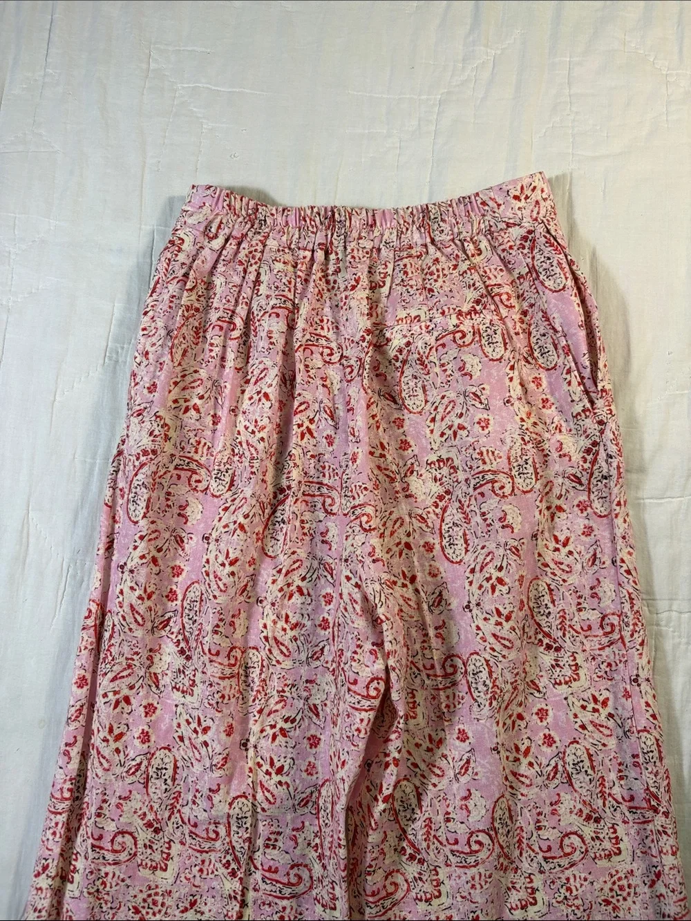 Boho Chic NWT Zara Pink & Red Paisley Floral Wide-Leg Linen-Blend Pants - Size S